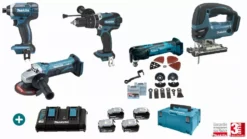 Lot 5 Machines MAKITA 18V 4 Batteries 5Ah + Chargeur Double + Perceuse Visseuse DHP458 + Visseuse à Choc DTD152 + Meuleuse DGA452Z + Scie Sauteuse DJV180Z + Découpeur Ponceur DTM51ZJX3 - LMK13 -Magasin D'Outils Pour La Maison Élégant LOT70039 1