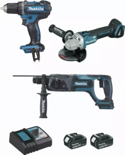 Ensemble De 3 Machines 18 V Li-Ion 4 Ah MAKITA Perceuse DDF482 + Meuleuse DGA504 + Perfo DHR241- 2 Batteries, Chargeur, Coffret - DLX3078MJ