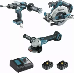 Ensemble De 3 Machines 18 V Li-Ion 5 Ah MAKITA Perceuse DHP481 + Meuleuse DGA506 + Scie DHS680 - 2 Batteries, Chargeur, Coffret - DLX3095PTJ