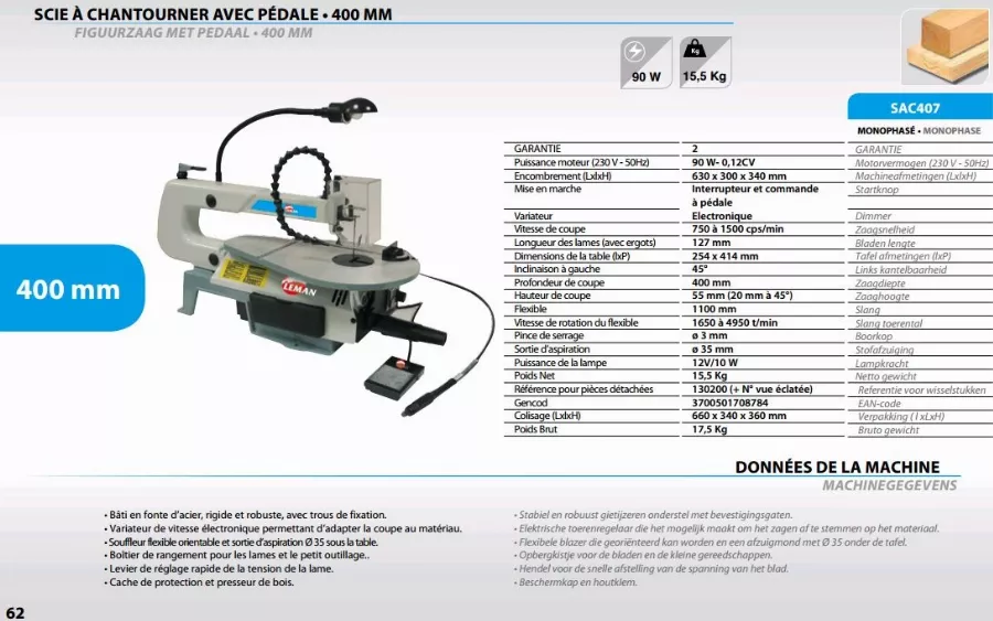 Scie à Chantourner à Pédale LEMAN 90 W 400MM - SAC407 1 Scie à Chantourner à Pédale LEMAN 90 W 400MM - SAC407